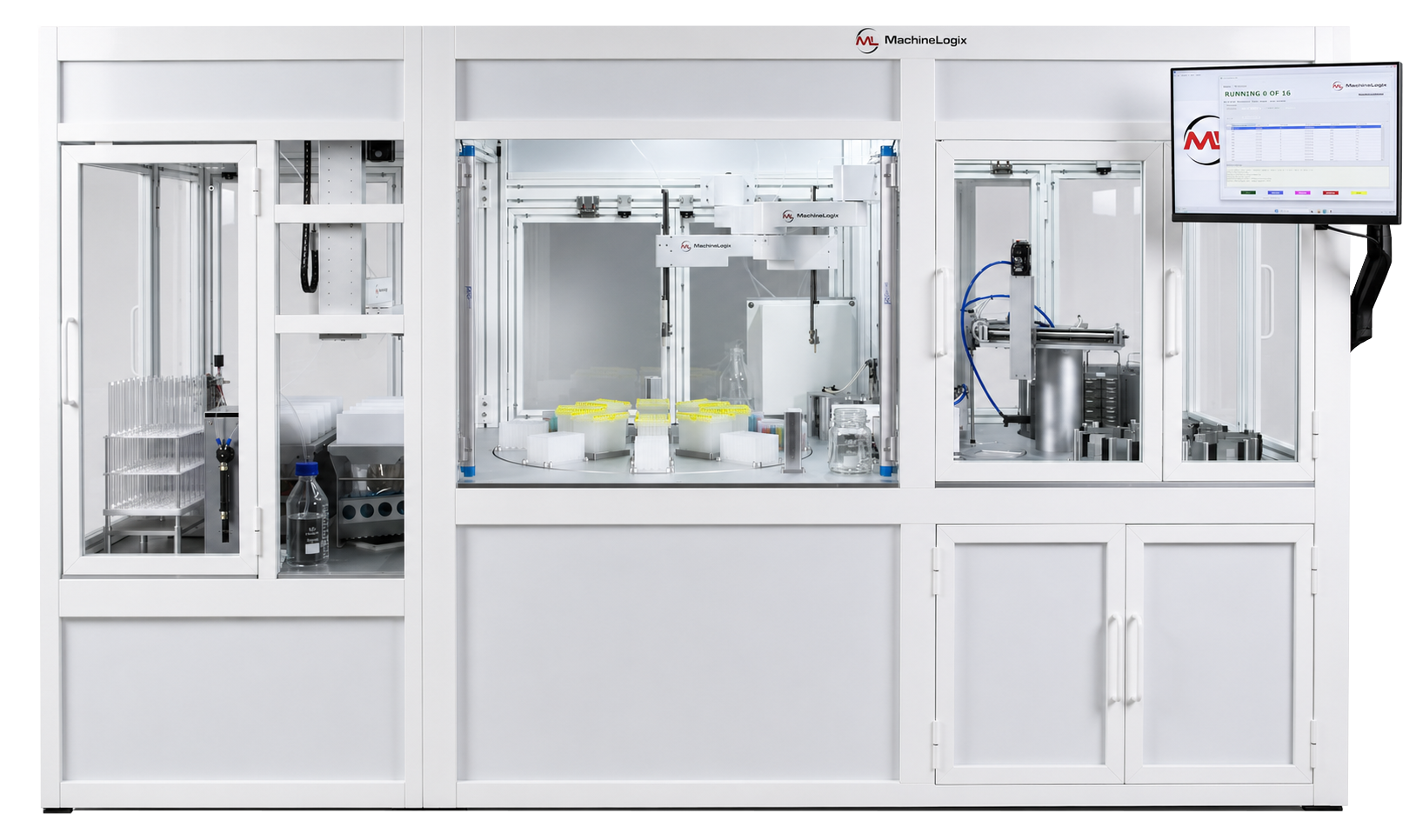 The MachineLogix FX Machine, a fully enclosed automated Petrifilm inoculation system with three robotic work cells and a touchscreen control panel